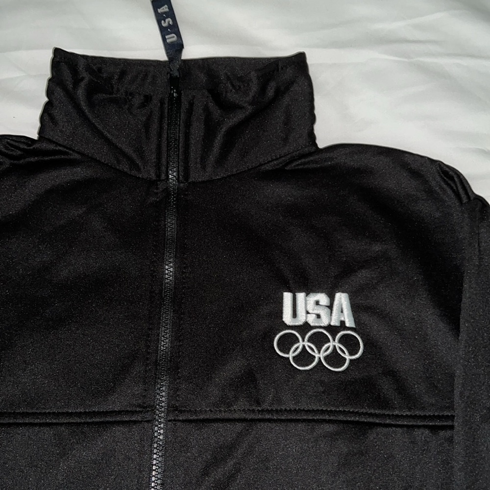 USA OLYMPIC NEW Fleece lined black jacket full zipper warm up jacket Go Team USA